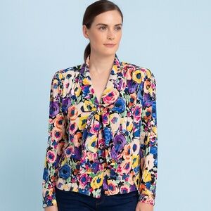 Vintage 80s Adrianna Papell 100% Silk Blouse 8 V-Neck Neck Tie Watercolor Floral